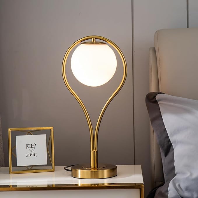 Globe Desk Lamp Mid Century Table Lamp Reading Light with Frosted Glass Shade Gold ON-Off Switch Nightstand Night Light for Room Home Office Desk Dorm Study