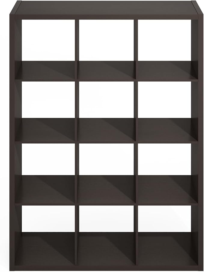 Furinno Simple Cube Storage Organizer, 12-Cube Display Shelf, Open Back Shelving Unit, Storage Shelves, Extra Thick Frame, for Organization and Storage, Living Room, Home Office, Dark Oak