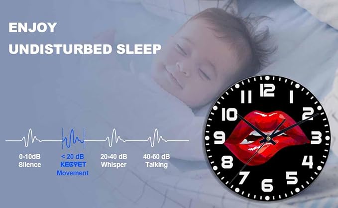 Red Lips Wall Clock Sexy Biting Lips on Black Background Battery Powered Wall Clock Silent Non Ticking 10 Inch for Living Room, Kitchen, Home,Bathroom, Bedroom