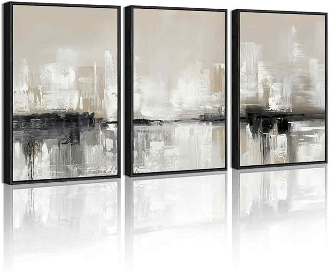 KUVIOKE Abstract Gray Framed Wall Art Neutral Brown Artwork Painting Morden Minimalist Wall Decor Rustic Home Decor 12x16in (Black Framed)