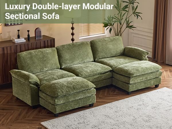 VINGLI 122" Cloud Olive Green Convertible Sectional Sofa, Comfy U-Shape Extra Deep Seat Sofa Couch for Living Room,Modern Chenille 3-Seat Convertible Sofa with 2 Movable Ottomans for Small Space