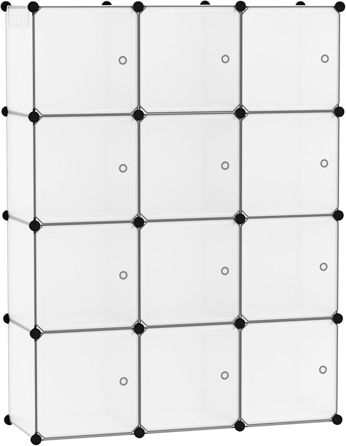 C&AHOME Cube Storage Organizer with Doors, 12-Cube Shelves, Closet Cabinet, DIY Plastic Modular Bookshelf Ideal for Home, Living Room, 36.6”L x 12.4”W x 48.4”H Transparent White USHS3012W-DOOR