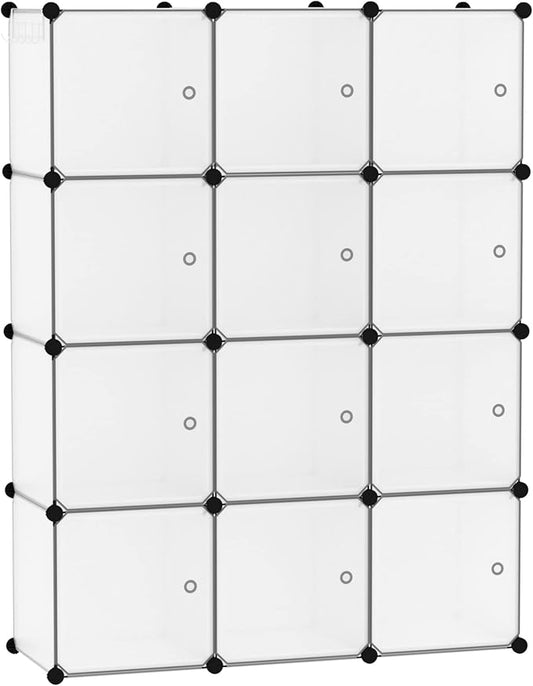 C&AHOME Cube Storage Organizer with Doors, 12-Cube Shelves, Closet Cabinet, DIY Plastic Modular Bookshelf Ideal for Home, Living Room, 36.6”L x 12.4”W x 48.4”H Transparent White USHS3012W-DOOR