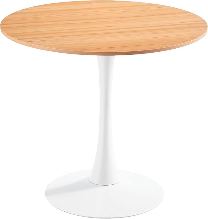 31.5 Inch White and Oak Round Dining Table for 2-4 People,Mid-Century Tulip Kitchen Table, Pedestal Base Table for Small Space Kitchen Dining Room