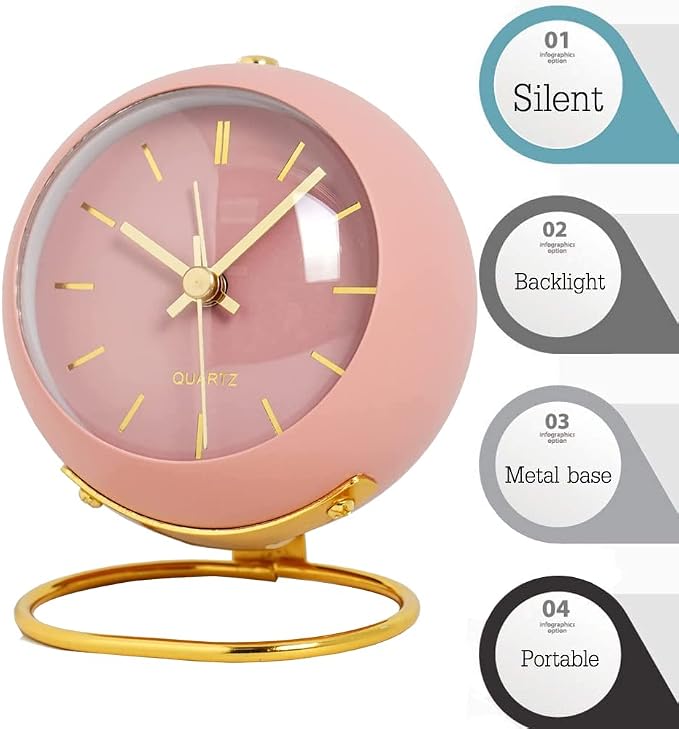 SHISEDECO Small Tableclocks Classic Non-Ticking Tabletop Alarm Clock with Night Light, Battery Operated Deskclock with HD Glass for Living Room Bedroom Bedside Indoor Decor (RN-Pink)