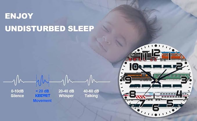 Train Wall Clock 10 inch Round Running on The Track Silent Non Ticking Wood Wall Clocks Battery Operated Easy to Read Decorative Wall Clock for Bedroom Kitchen Living Room Bathroom