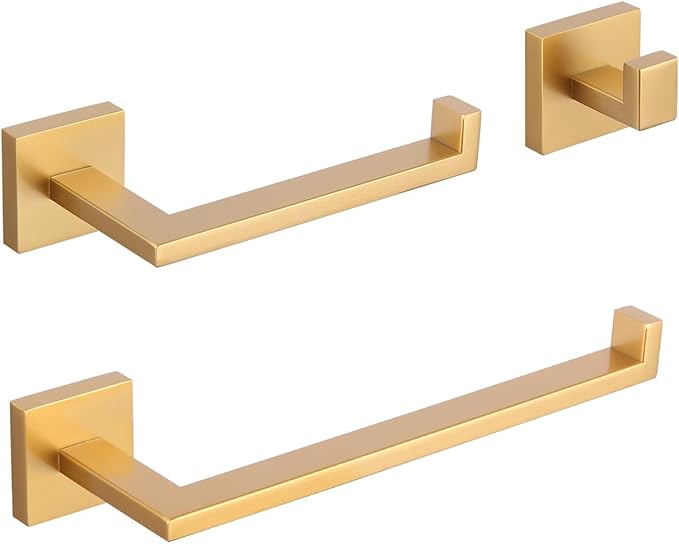 GERZWY Bathroom 3-Piece Hardware Set Gold Stainless Steel - Coat Hook Toilet Paper Holder Towel Ring IG18567-3BE