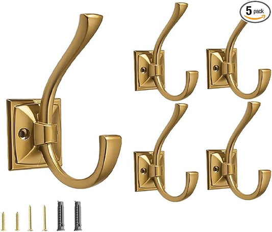 5 Pack Decorative Heavy Duty Towel Hooks for Hanging Robe Double Modern Gold Coat Hooks Wall Mounted with Screws for Key, Towel, Bags, Cup, Hat