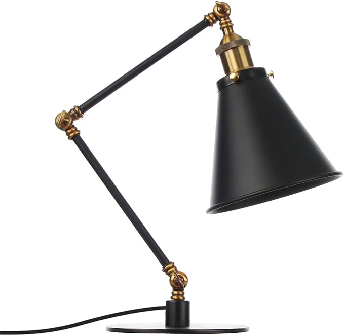 Makeup Vintage Desk Lamp, Industrial Metal Task Table Lamp with Adjustable Swing Arm, Bedroom Bedside Night Light Cafe Antique Reading Lighting,Black+Gold