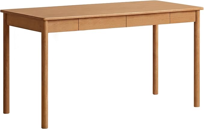 Solid Wood Computer Desk, Mid-Century Modern Home Office Desk with Storage Drawers, Writing Table for Study & Living Room 55.11" W Natural Wood