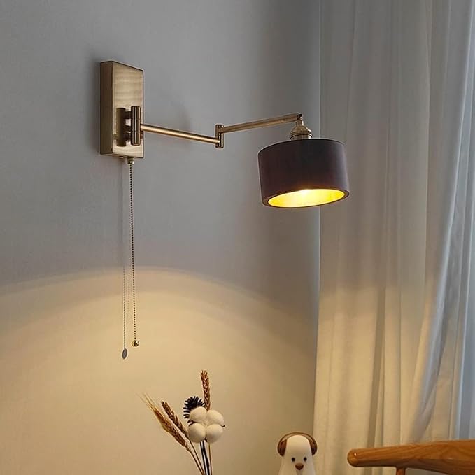 Retro Swing Arm Wall Lamp with Pull-Down Switch, Wooden Cylindrical Shade, Adjustable Lighting for Living Room, Bedroom, Study