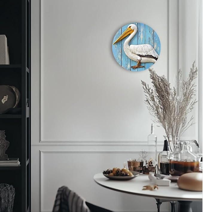 Aluminum Pelican Wall Decor Sign 8"x8" Waterproof Classic Style Faux Wood Carved Round Metal Art for Indoor OutdoorPatio DecorationIdeal for Spring Garland Accents.