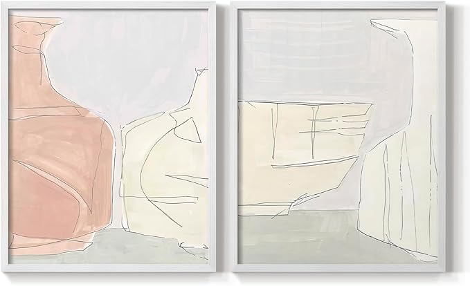 Renditions Gallery Set of 2 Peel & Stick Framed Prints, Neutral Abstract Wall Art, Soft Tones Delicate Linework Wall Decor, Re-Stickable - Ready to Hang - 16"x20" - White Frame LT588