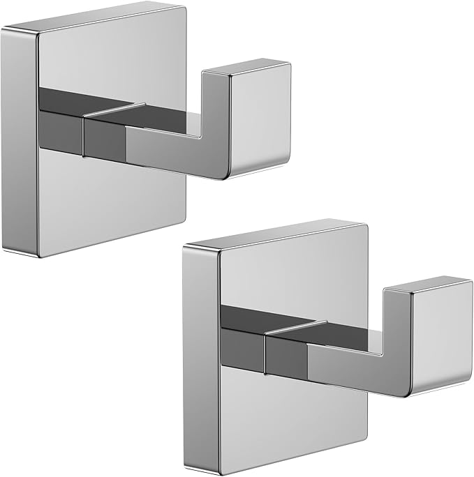 Kruodop 2 PCS Towel Hooks for Bathroom, Wall Mount Towel Holder, Black Matte Wall Robe Hook,Square Stainless Steel Door Hanger Towel Hook for Kitchen, Bedroom,Hotel,Pool,Coats（Silver）