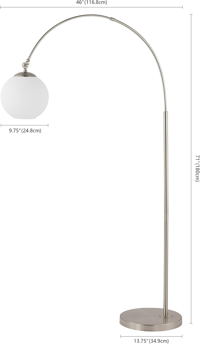 JONATHAN Y 71" Nickel/White Nora Arc Floor Lamp, Mid-Century Modern Standing Light, Vintage Iron LED Arched Reading Lamp with Mercury Glass Shade, LED Bulb Included (JYL3089B)