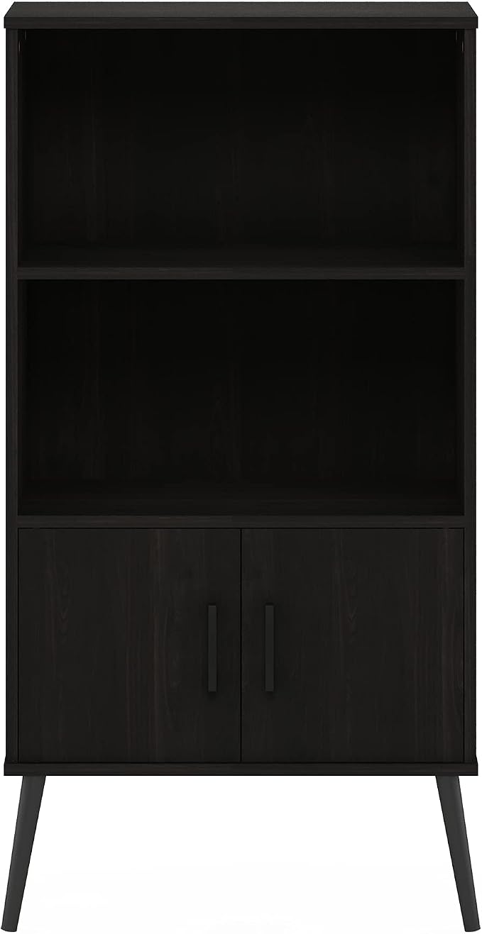 Furinno Claude Mid Century Style Accent Wooden Leg Bookcase Cabinet with Storage Organizer Shelves, Espresso