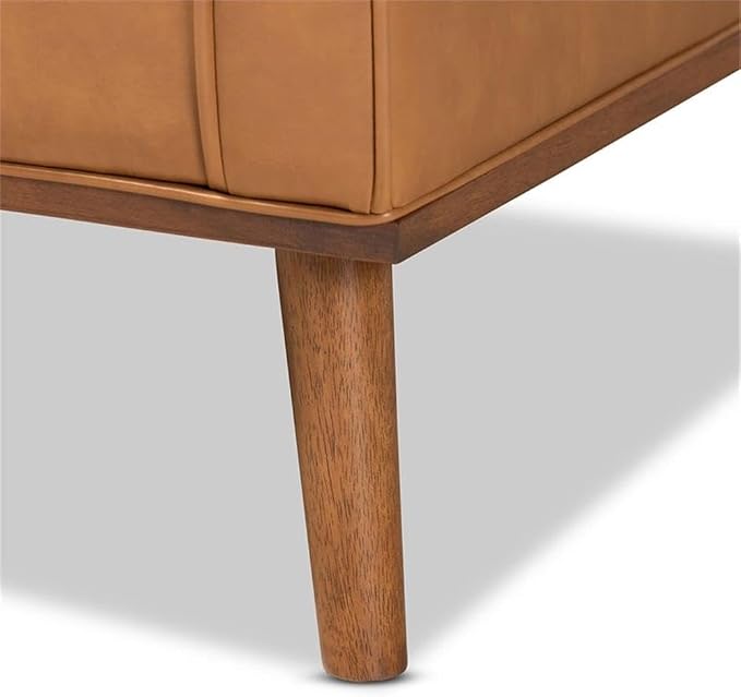 BOWERY HILL Lounge Armchair, Tan Faux Leather Upholstery, Walnut Brown Finished Wood, Button-Tufted Backrest, Removable Seat Cushion, Mid-Century Style, 37.2" H x 27.6" W x 34.1" D Accent Chair for