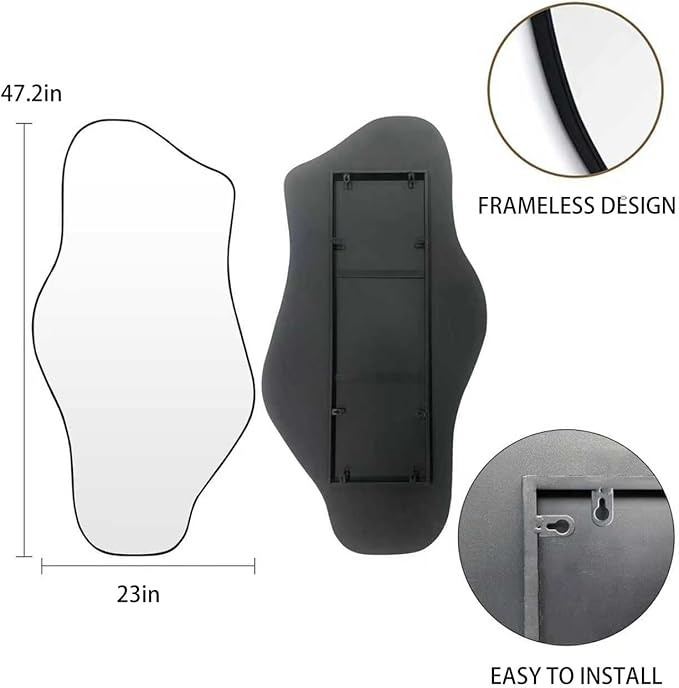Irregular Mirror, 47.2"x23" Large Asymmetrical Wall Mirror, Odd Shaped Mirrors, Modern Frameless Abstract Mirrors for Living Room Bathroom Bedroom Entryway Fireplace
