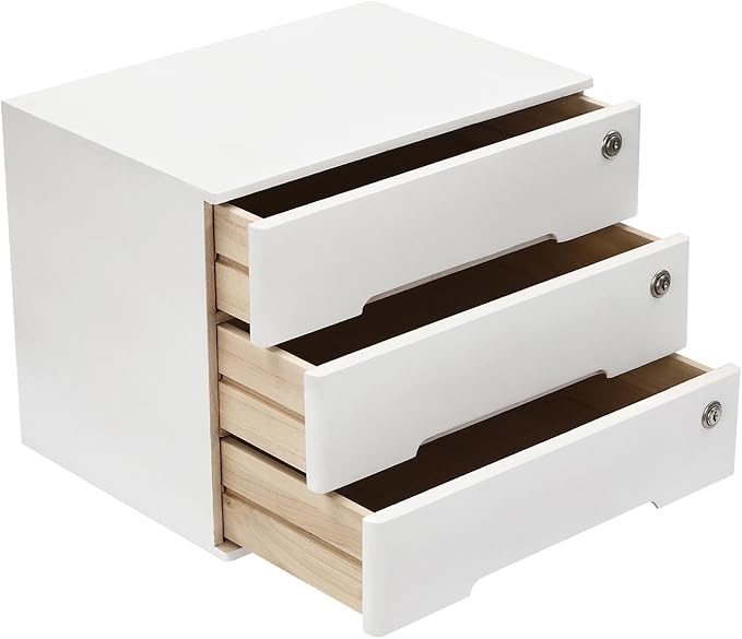 Desktop File Organizer with Lock, 2/3/4 Tier Multi-Drawer Wooden Storage Cabinet, Office Supply Organizer for Home Desk, Study & Workplace (White, 3 Layers)