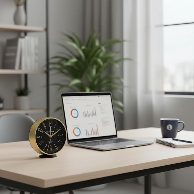 Timelink Crosley Modern Art Deco Alarm Clock for Office, Bedroom, or Desk – Analog Non-Ticking Clock with Easy-to-Read Dial, Gold Metal Frame & Black Face (6-Inch)