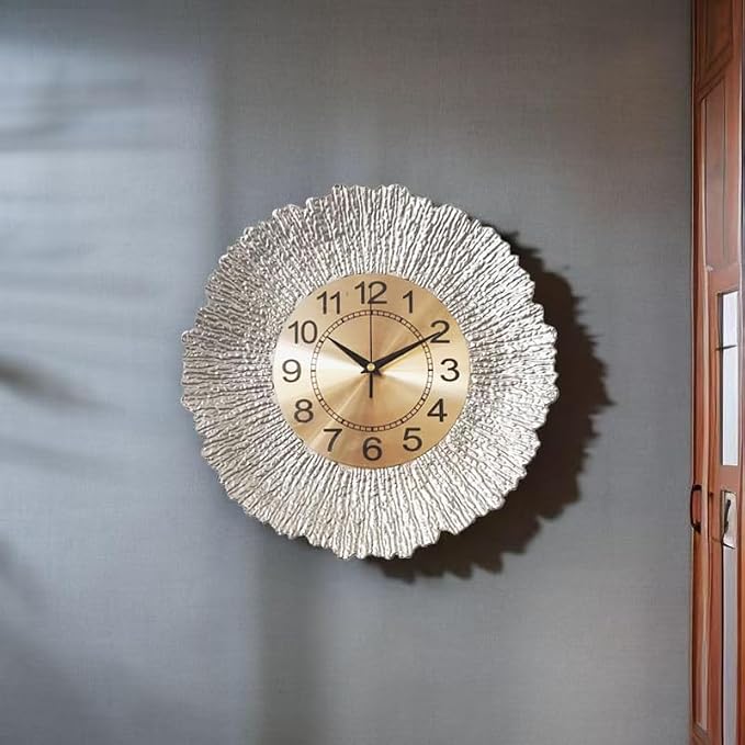 12 Inch Sliver Wall Clock for Living Room, Boho Decor Wall Clocks Sunburst Decor for Living Room, Kitchen, Farmhouse, Bedroom, Bathroom