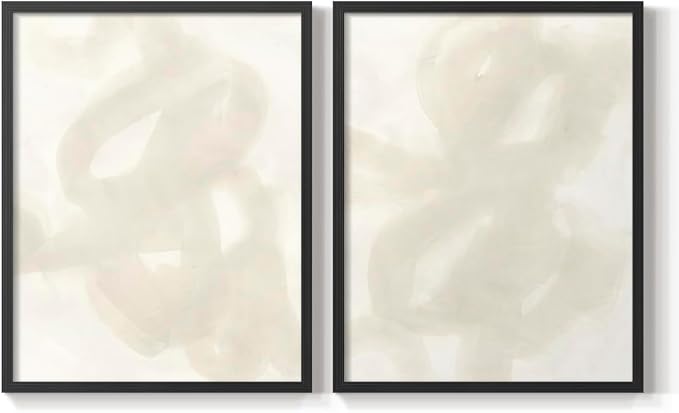 Renditions Gallery Set of 2 Peel & Stick Framed Prints, Abstract Wall Art, Beige and White Aesthetic Wall Decor, Re-Stickable - Ready to Hang - 8"x10" - Black Frame LT588