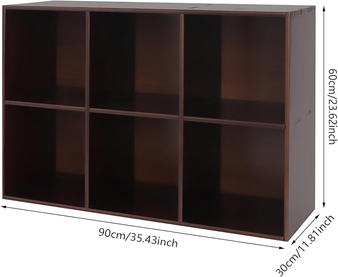 6-Cube Pine Wood Storage Organizer, Solid Wooden Bookshelf with Back Panel, 11in Shelf Opening Bookcase, Freestanding for Living Room, Bedroom, Office - Dark Brown (35.4 x 11.8 x 23.6in)