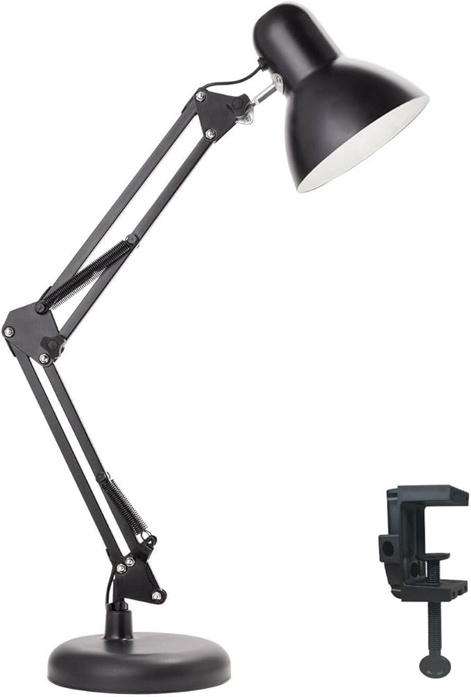 Newhouse Lighting 24-in. Wright Painted Black Metal Swing Arm Lamp with Weighted Base and Clamp NHDK-WR-BK, Tall Desk Lamp for Home Office or Home Improvement, Adjustable Office Desk Accessory