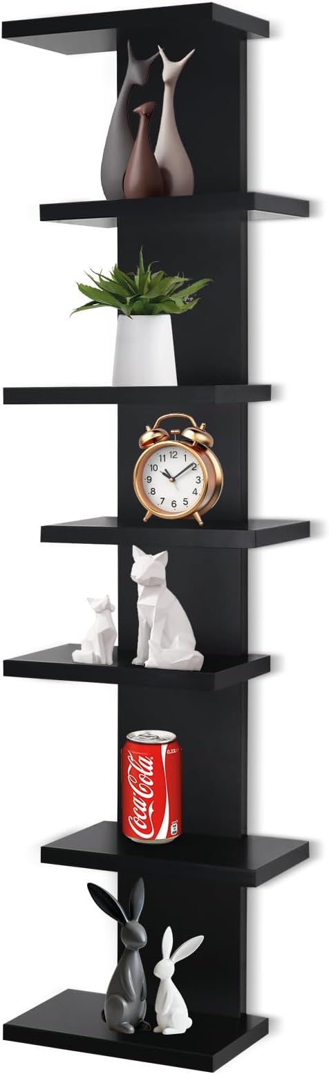 VIWODS 7 Tier Wall Shelf Unit-Black Floating Shelves for Home Decor, Modern Unique Asymmetric Design for Bedroom & Living Room Storage