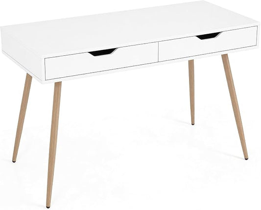 Giantex Mid-Century Desk with 2 Drawers, 42.5" Writing Study Desk with Tapered Legs, Home Office Computer Workstation PC Laptop Desk, Modern Makeup Vanity Table for Bedroom (White & Natural)