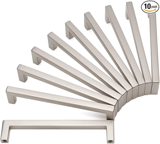 KOOFIZO Solid Square Bar Cabinet Handle - Brushed Nickel Furniture Pull, 5 Inch/128mm Screwhole Distance, 10-Pack for Kitchen Cupboard Door, Bedroom Dresser Drawer, Bathroom Wardrobe Hardware