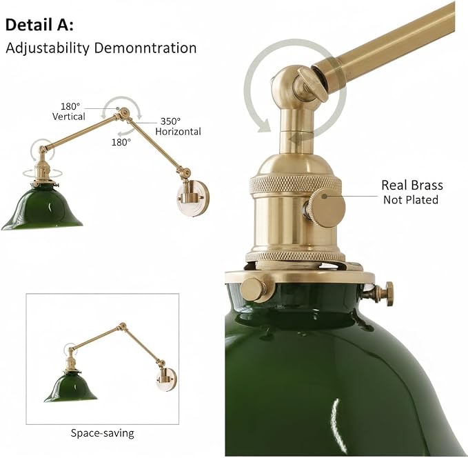 Wall Lamp Brass Swing Arm Wall Sconce Lighting, Industrial Adjustable Lamp, Vintage Reading Foldable Light Fixture Retro Long