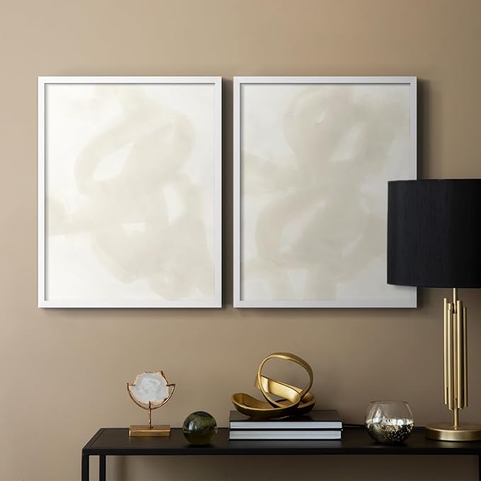 Renditions Gallery Set of 2 Peel & Stick Framed Prints, Abstract Wall Art, Beige and White Aesthetic Wall Decor, Re-Stickable - Ready to Hang - 16"x20" - White Frame LT588