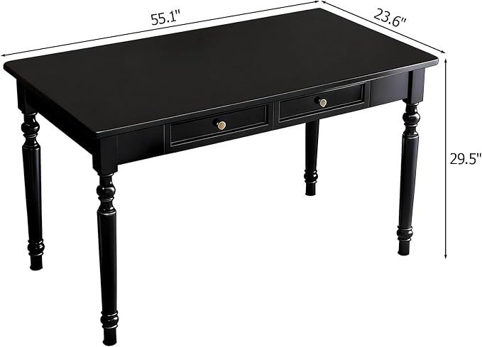 Rubberwood Office Desk with Drawers, Black Retro Style Study Desk, Desk, Country Style Wood Desk, Solid Wood Computer Table for Office,Living Room 55.1×23.6×29.5 inch