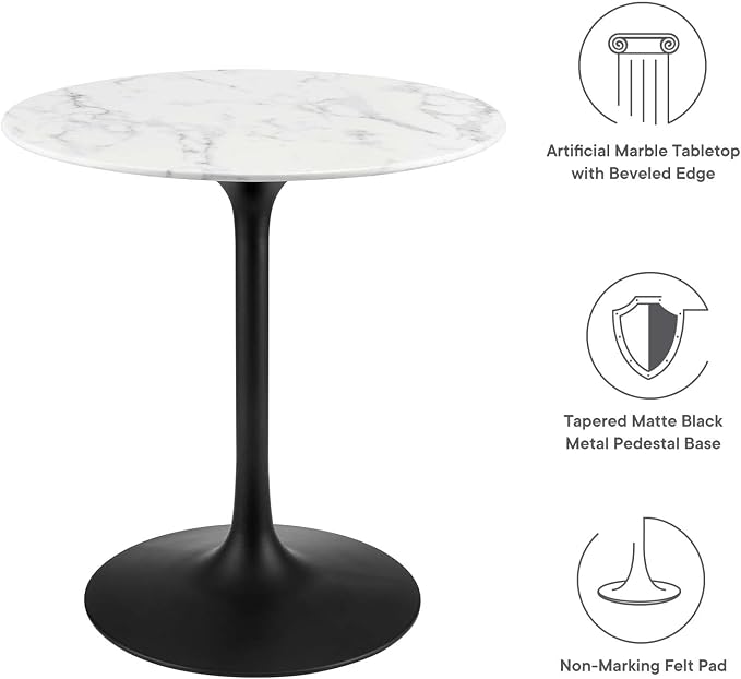 Modway Lippa Mid-Century Modern 28" Round Artificial Marble Dining Table in Black White