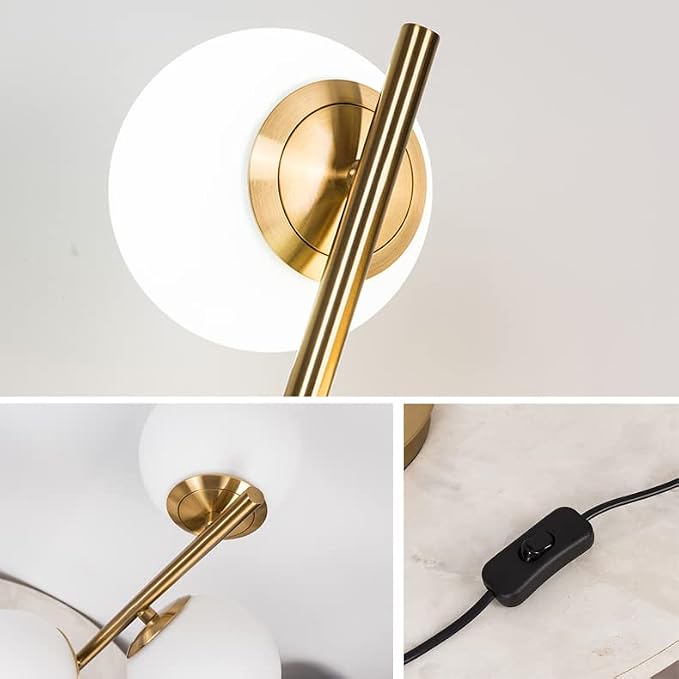 Mid Century Modern Glass Table Lamp 3-Light Gold Nightstand Lamp for Living Room Frosted Milk Glass Shade E26 Base for Office, Bedside, Vanity, Unique Desk Lamps
