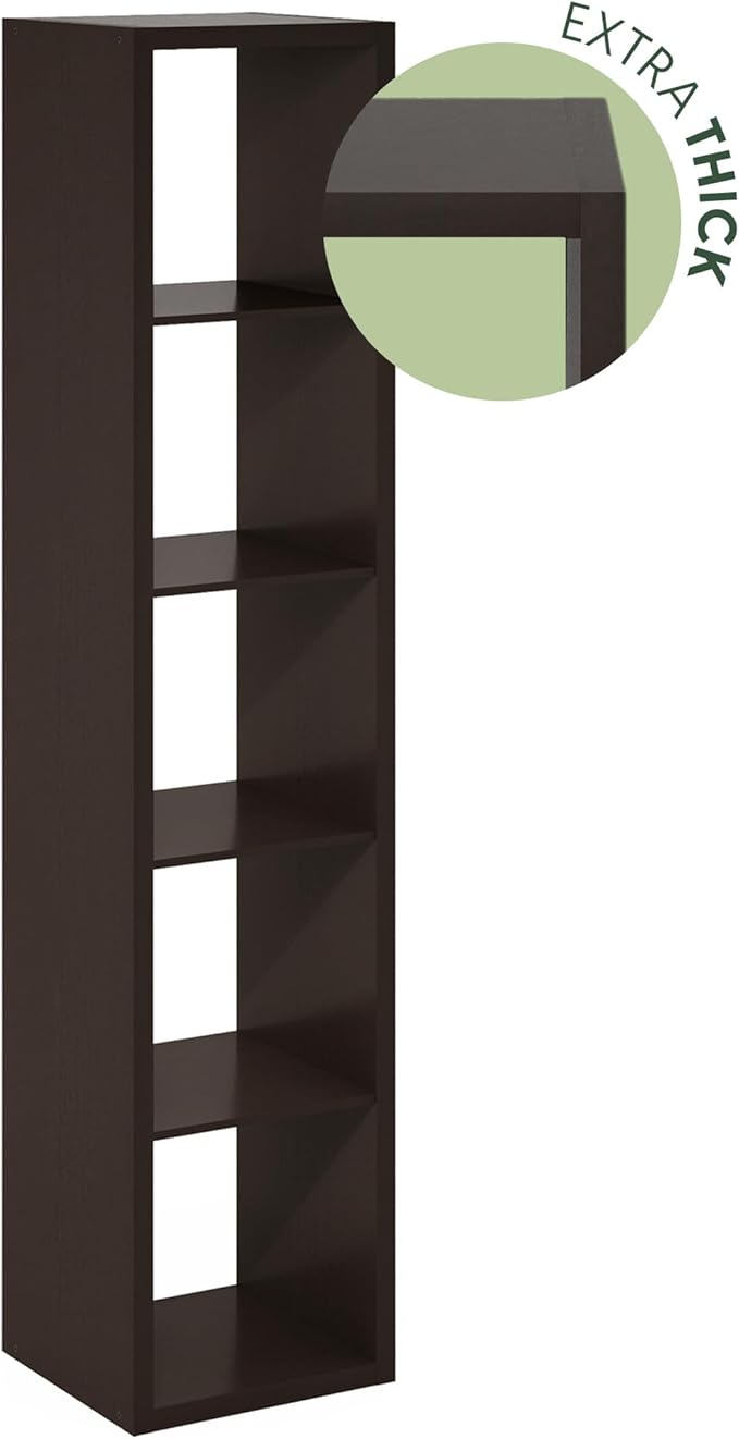 Furinno Cubicle Book Shelf, 5-Cube Bookshelf, Extra Thick Horizontally & Vertically Reversible Bookcase with Open Back, 14.6" x 16" x 72", for Living Room, Bedroom, Home Office, Black Dark Oak