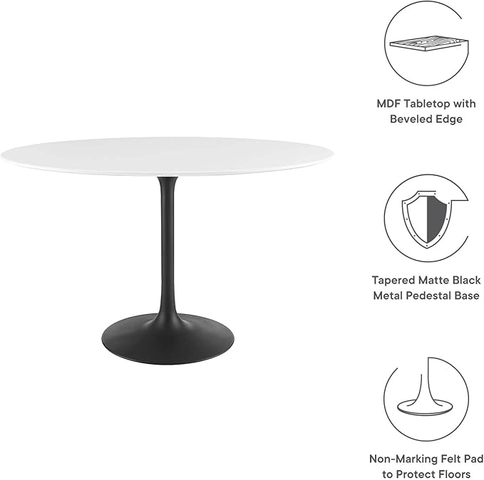 Modway Lippa 48" Oval-Shaped Mid-Century Modern Dining Table with White Wood Top and Black Base