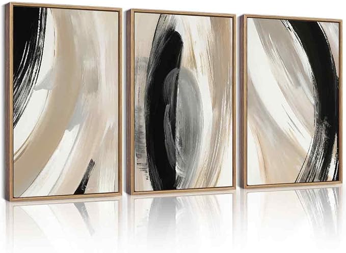 KUVIOKE Black Abstract Framed Wall Art Neutral Minimalist Graffiti Pastel Wall Decor Modern Illustration Art Painting for Bedroom Dining Room 16x24in (Natural Framed)