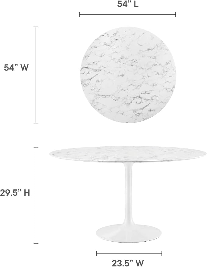 Modway Lippa Round 54" Mid-Century Modern Artificial Marble Dining Table in White
