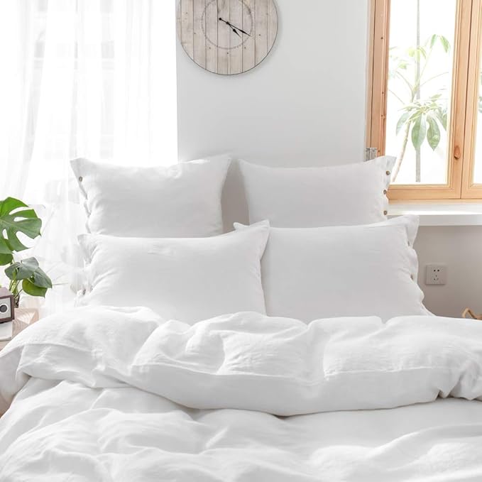 Simple&Opulence 100% Linen Euro Shams with Coconut Button (26'' x 26'') - Pack of 2 - Washed Solid Color Natural Flax Soft Breathable - White