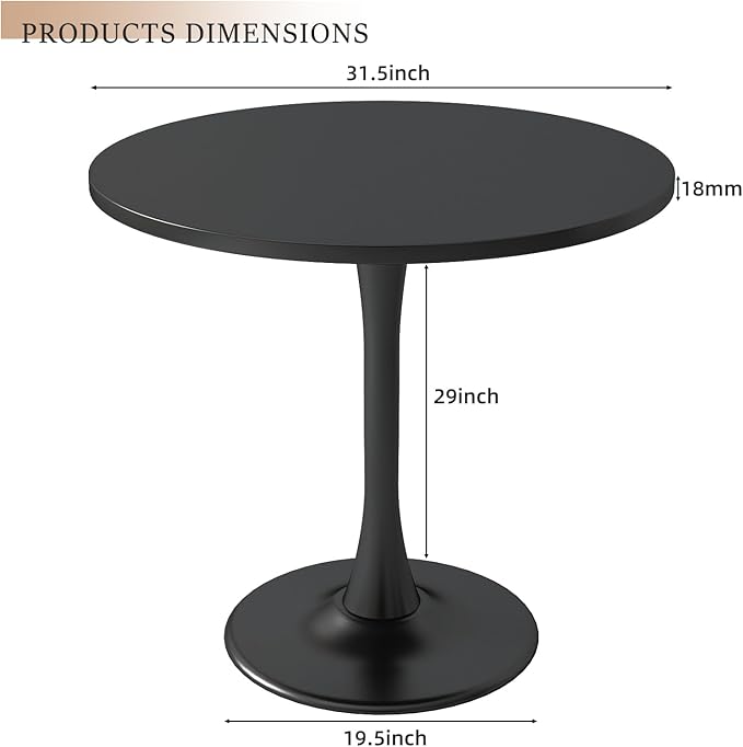Round Dining Table 31.5" Circle Tulip Table with Wood Thickened Tabletop & Sturdy Metal Pedestal Mid Century Modern Leisure Bistro Kitchen Tables 4 People Small Places Living Room Cafe,Black