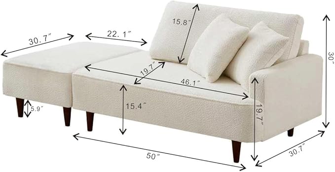 GDFStudio Upholstered Chaise Lounge Chair Indoor with Ottoman, Boucle Fabric Chaise Chair with 2 Throw Pillows and Solid Wood Legs, Recliner Lounge Chair for Office Living Room Bedroom, White