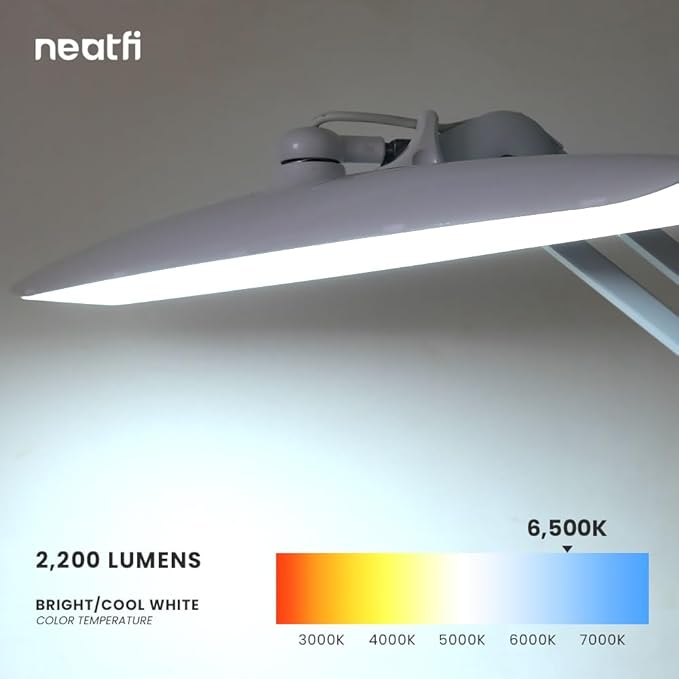 Neatfi XL Nail Desk Lamp with Clamp, 2200 Lumens, 20-Inch Wide Head, Dimmable 4 Levels, 6500K, LED Task Light for Manicure Table, Crafts, Workbench, Office (Non-CCT with Base, White)