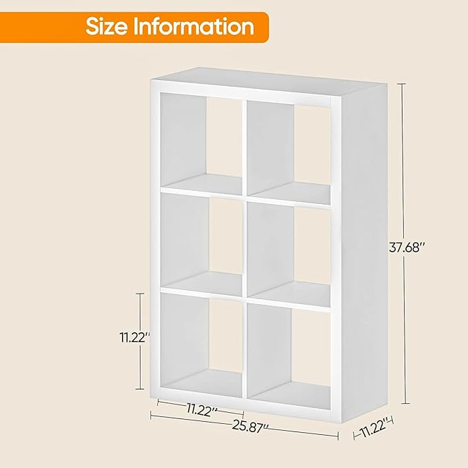 furtble Bookshelf with Storage Bin, 6-Cube Storage Organizer, Modern Wood Open Bookcase, Multifunctional Display Cubicle Shelf for Living Room, Bedroom, Home Office, White