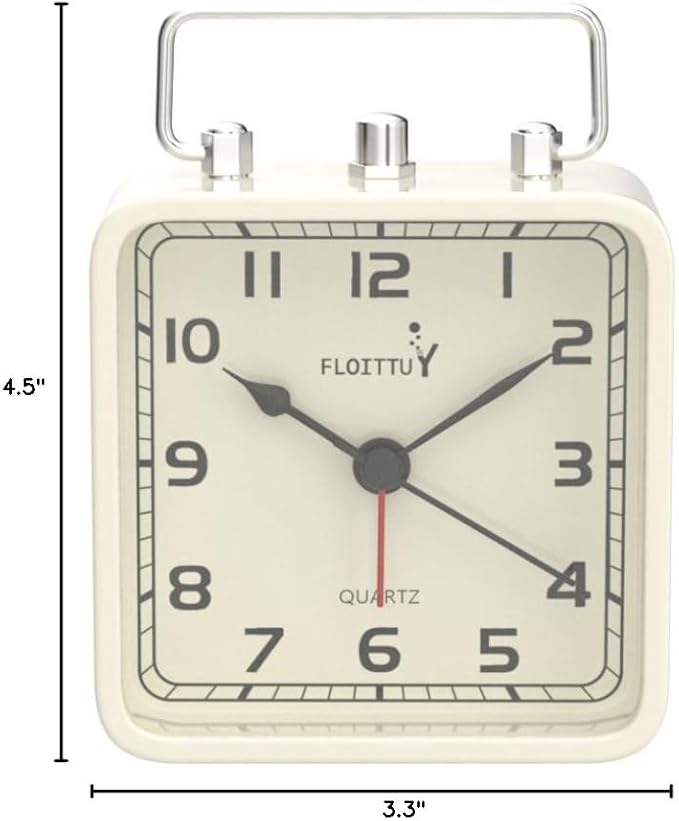 FLOITTUY Square Metal Beep Alarm Clock Silent No Ticking, Snooze and Battery Operated, Night Light and Desk Clock for Bedroom/Travel/Kids, Easy Set(Cream White)