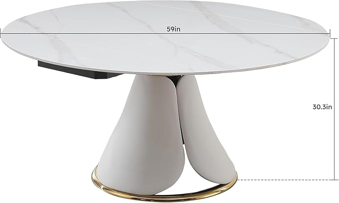 59'' Round Marble Dining Table Set with 6 Chairs for 6-8, Kitchen Table, Dining Room Table Set Petal Pu Leather & Metal Base