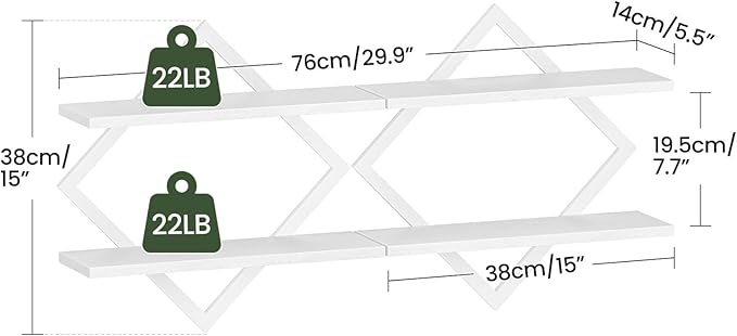 CHOEZON Floating Shelves, Set of 2 Wall Shelves, 2-Tier Hanging Shelves, Wall Shelf Set of 2, for Living Room, Bedroom, Kitchen, Office, Study, White TBJ01P2WB