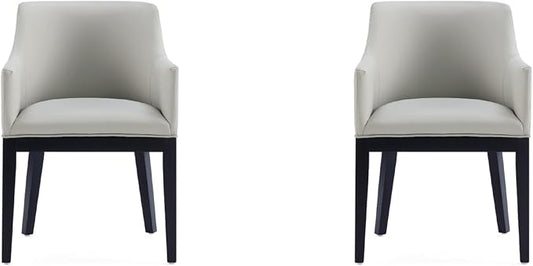 Manhattan Comfort Gansevoort Modern Faux Leather Dining Chair with Arms, Leatherette Upholstery on Solid Beech Wood Frame, Accent Furniture for Kitchen Table or Office, Set of 2, Stone Grey