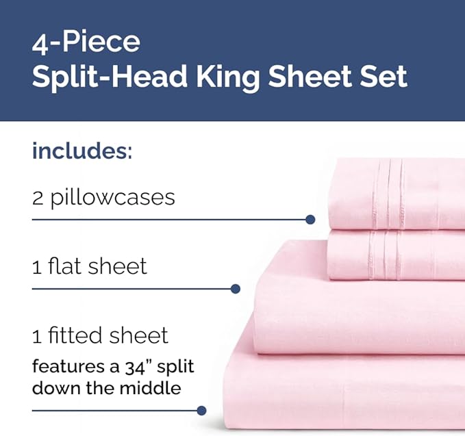 Flex Top Split Head King 4 Piece Sheet Set - Ultra-Soft, Breathable & Cooling Bed Sheets Set - Hotel Luxury Bedding for Women & Men with Deep Pockets - Wrinkle and Fade Free - Oeko-Tex - Light Pink